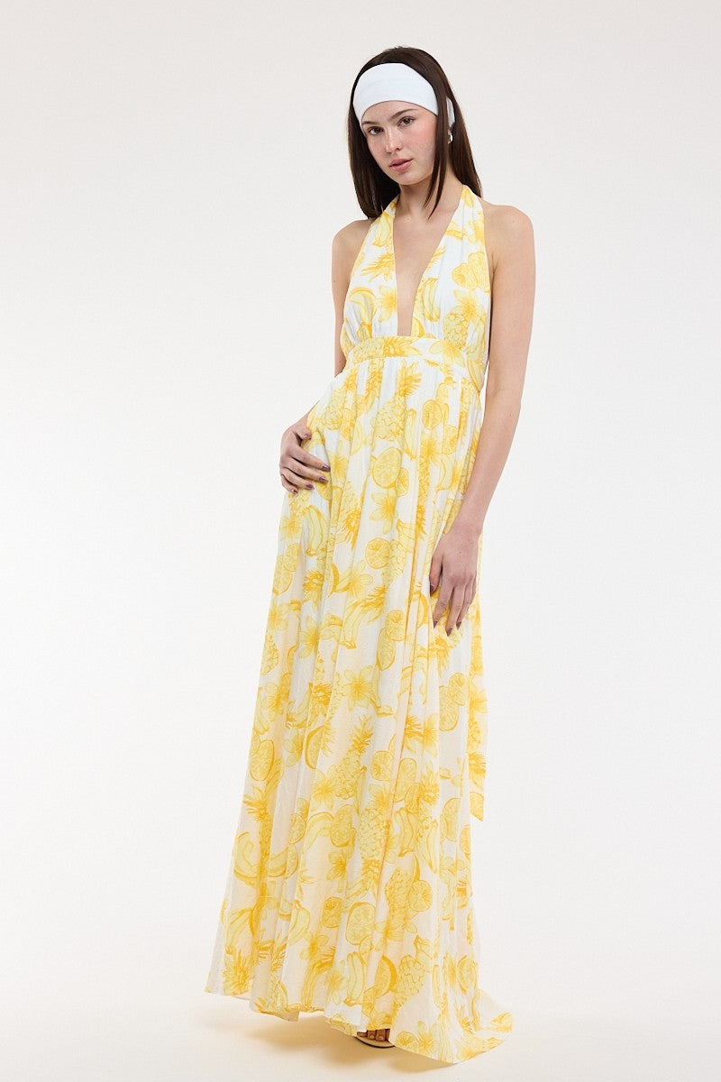 Yvette Sleeveless Halter Open Back Fruit Print Maxi Dress Yellow