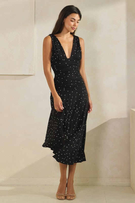 Pippa Sleeveless Asymmetrical Polka Dot Print Midi Dress Black