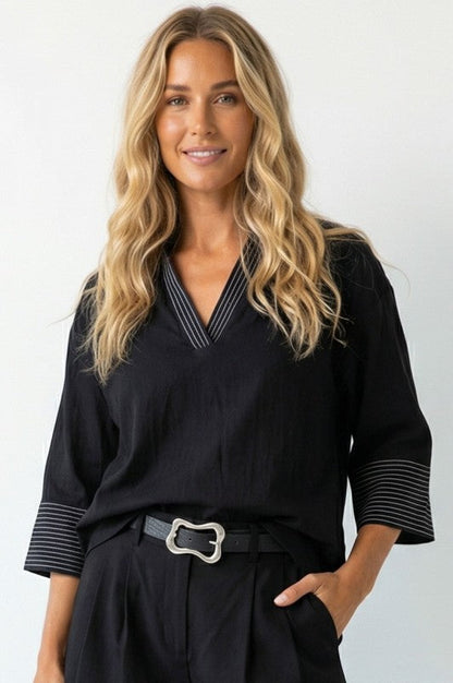 Briony 3/4 Sleeve Contrast Stitch Top Black