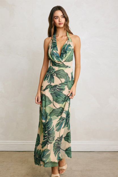 Jules Sleeveless Halter Open Back Tropical Print Maxi Dress Green