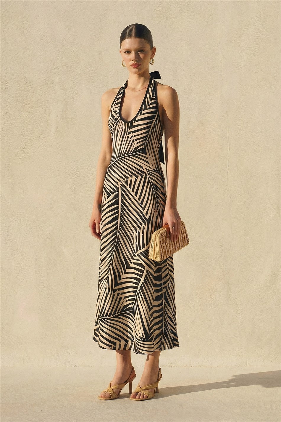 Waitlist 7/20 • Sloan Sleeveless Halter Tropical Leaf Print Maxi Dress Black
