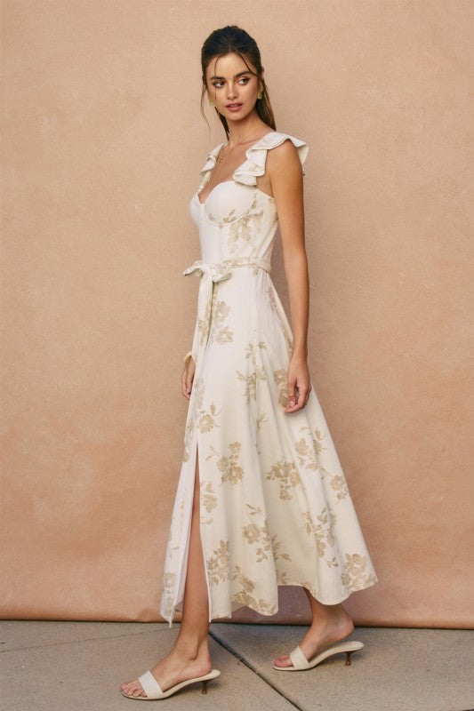 Lizette Flutter Sleeve Floral Print Waist Tie Maxi Dress White