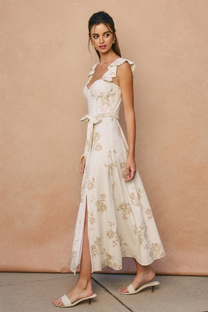 Lizette Flutter Sleeve Floral Print Waist Tie Maxi Dress White