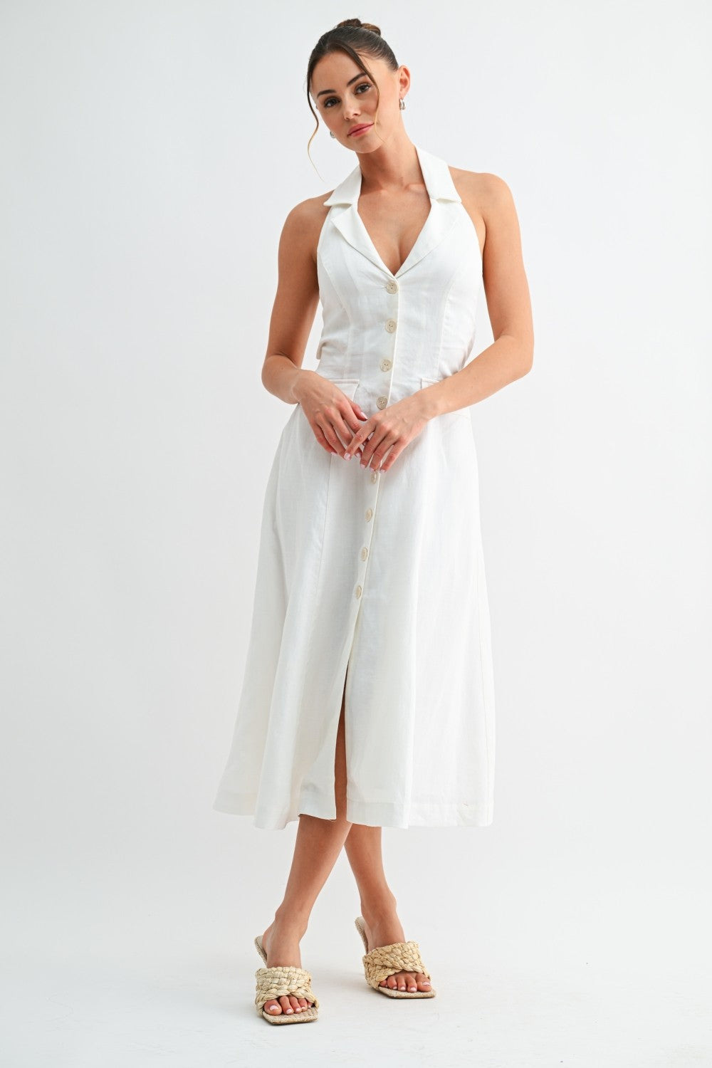 Nadine Sleeveless Halter Button Down Open Back Midi Dress White