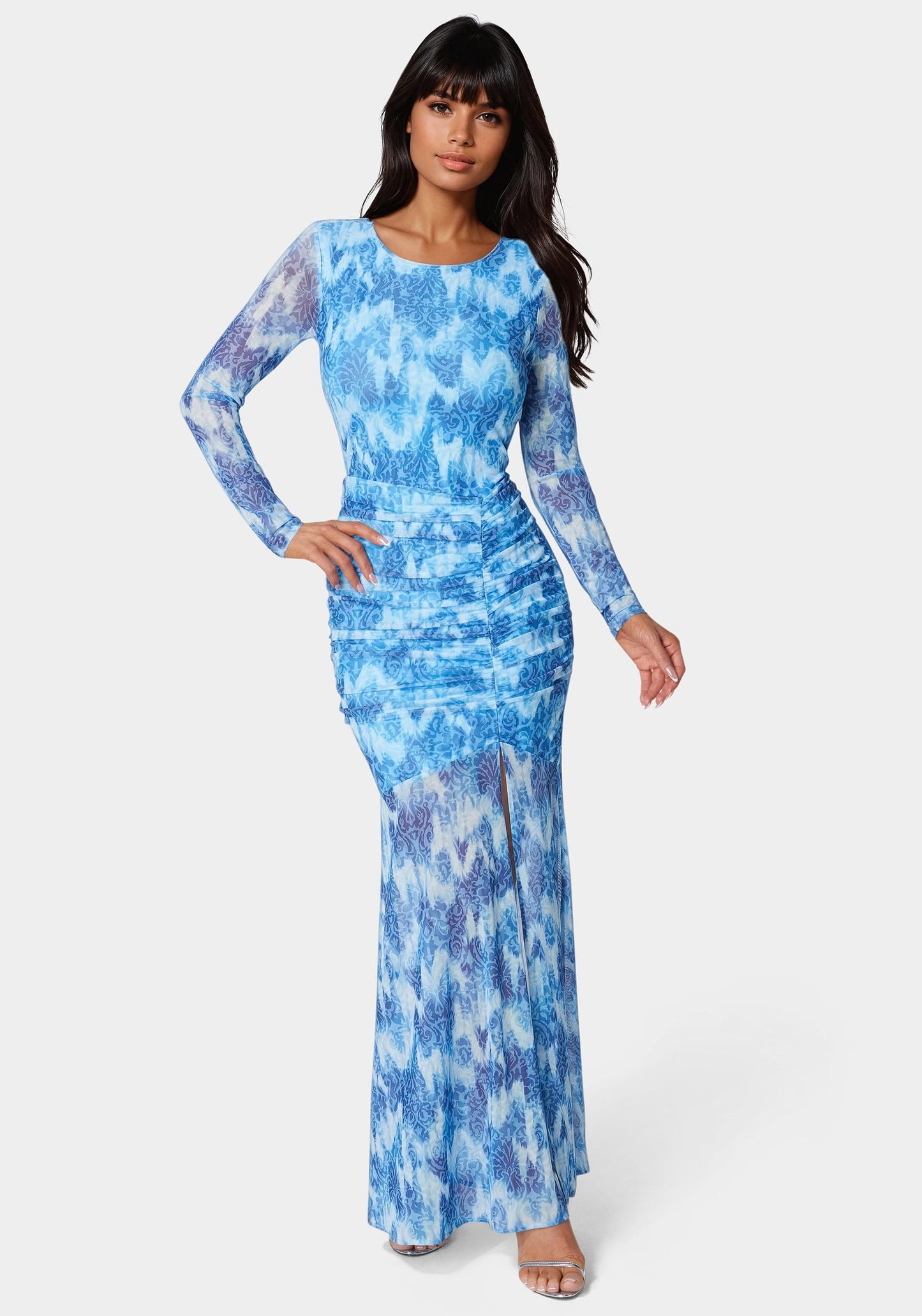 Ruched Longsleeve Printed Maxi Dress