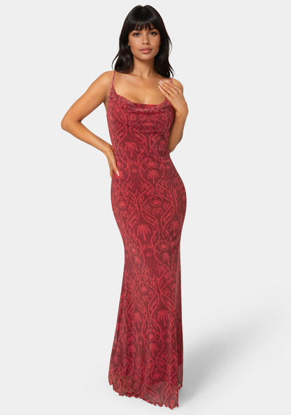 Printed Mesh Cowl Gown