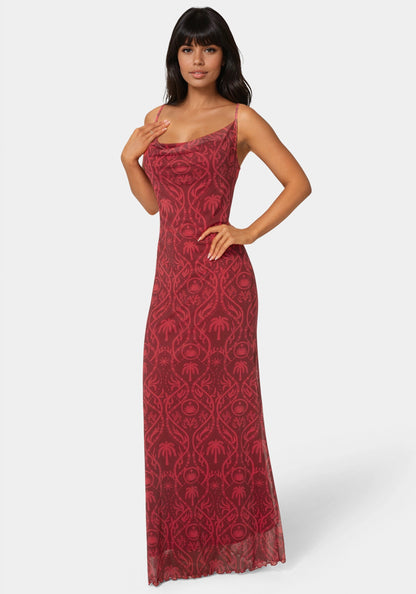 Printed Mesh Cowl Gown