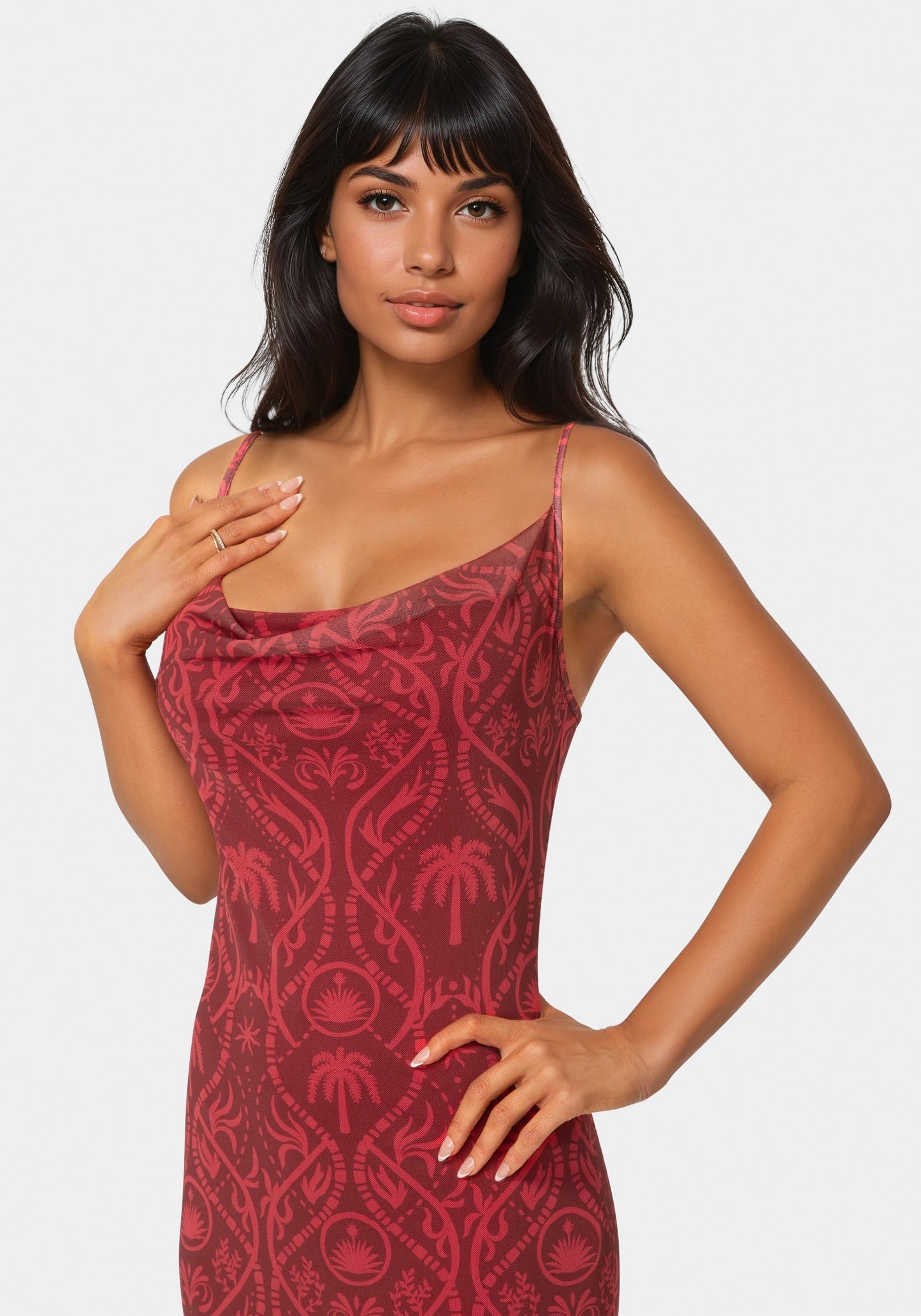 Printed Mesh Cowl Gown