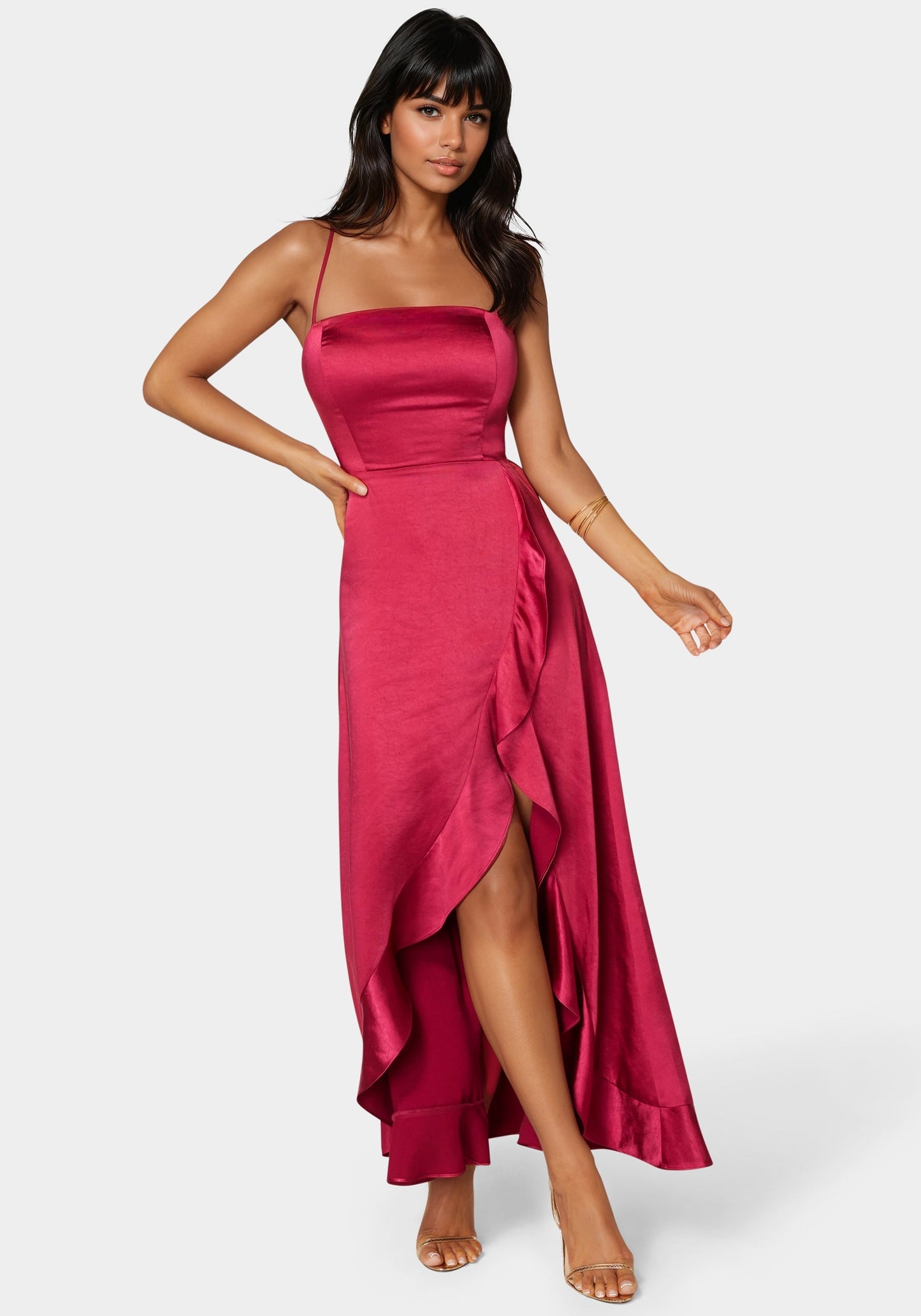 Satin Ruffle Lace Up Back Maxi Dress
