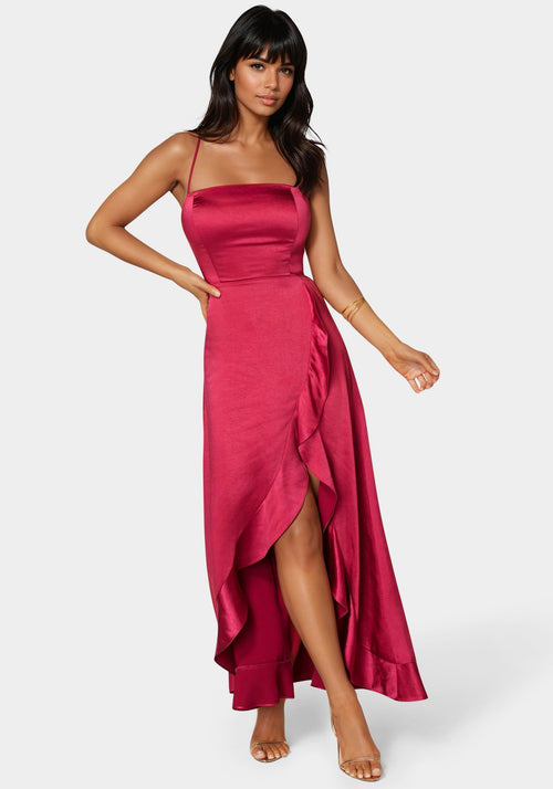 Satin Ruffle Lace Up Back Maxi Dress