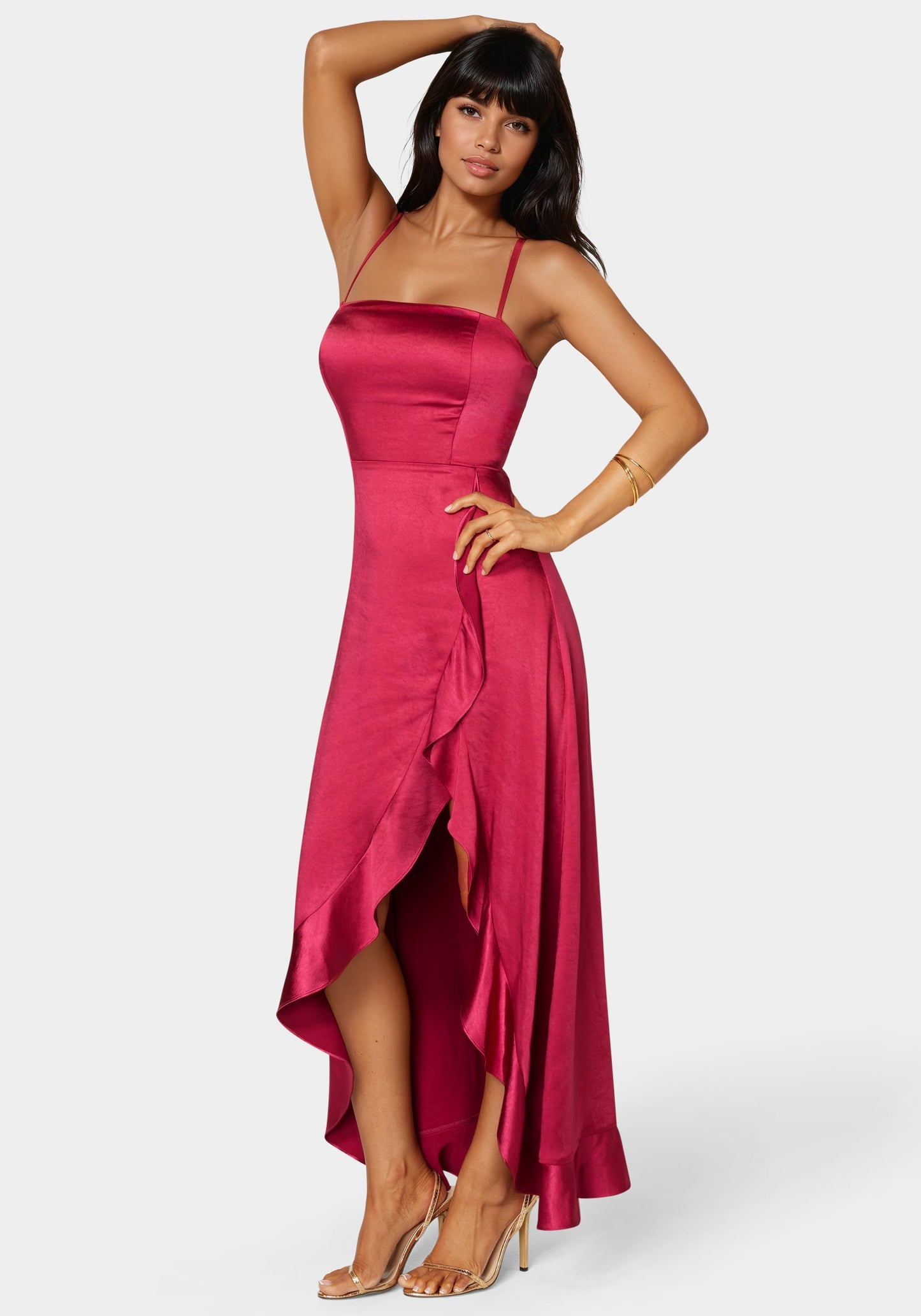 Satin Ruffle Lace Up Back Maxi Dress