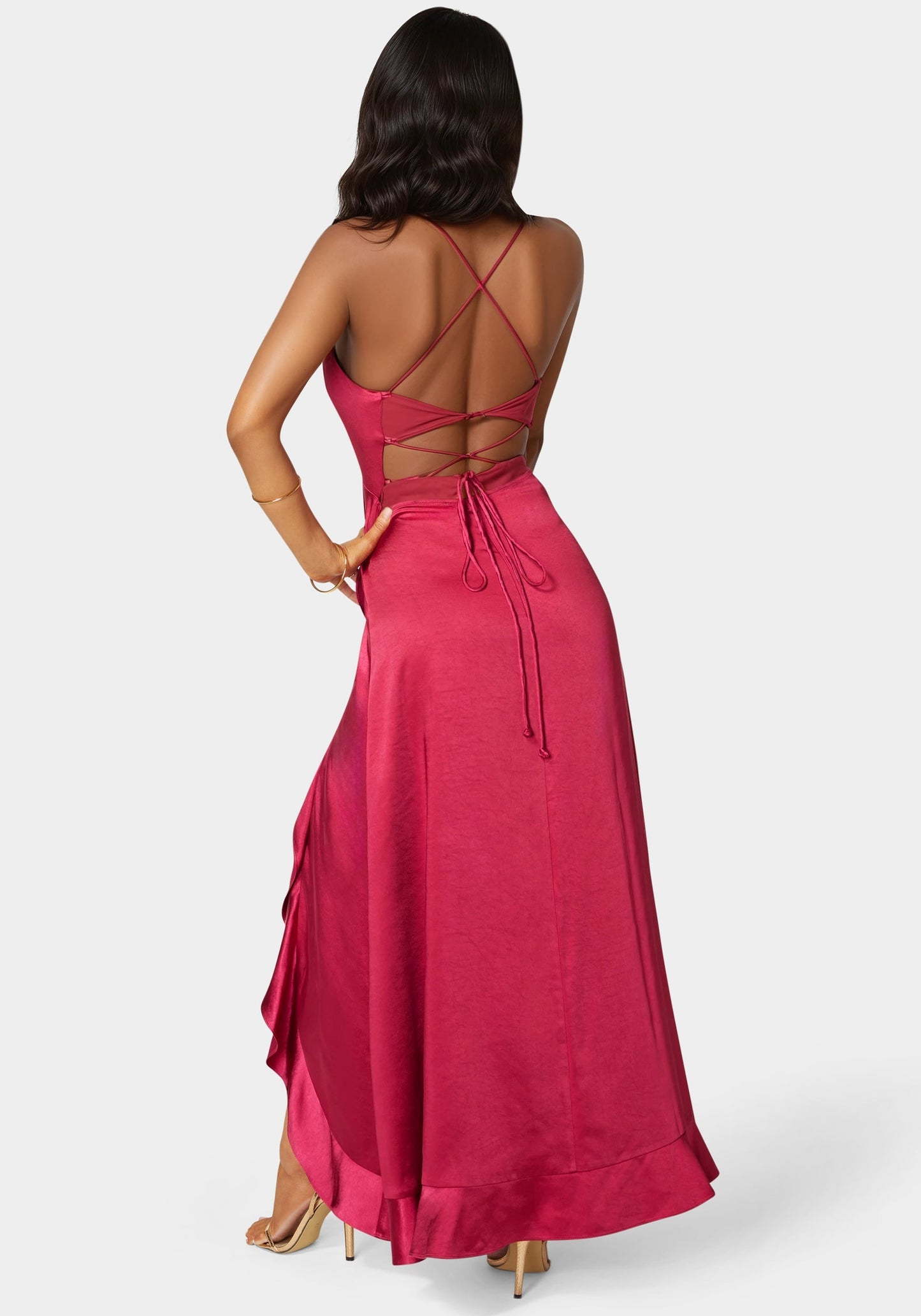 Satin Ruffle Lace Up Back Maxi Dress