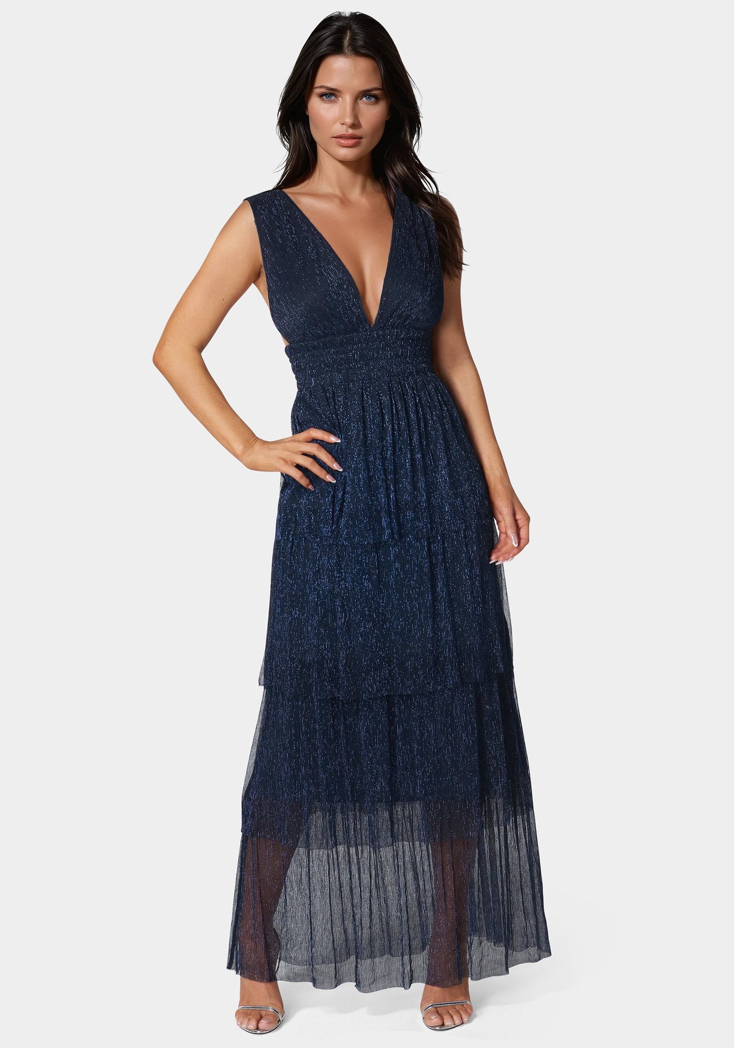 Tiered Plunge Neck Lurex Midi Dress
