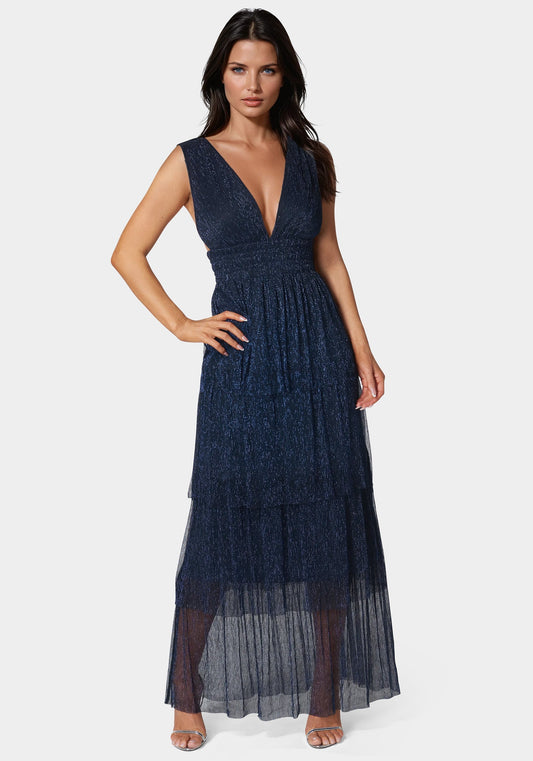 Tiered Plunge Neck Lurex Midi Dress