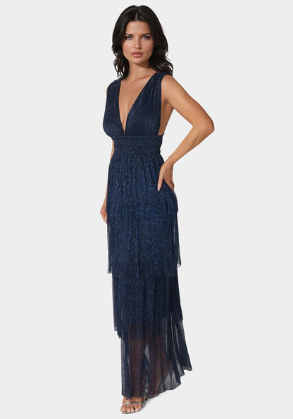 Tiered Plunge Neck Lurex Midi Dress