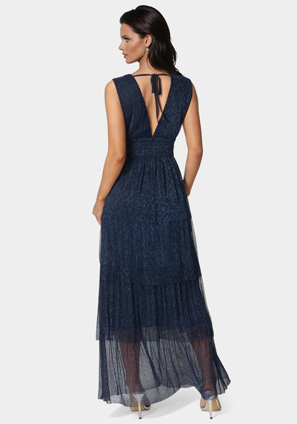 Tiered Plunge Neck Lurex Midi Dress