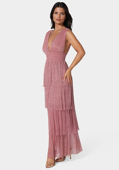 Tiered Plunge Neck Lurex Midi Dress
