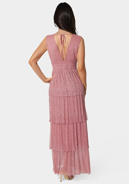 Tiered Plunge Neck Lurex Midi Dress
