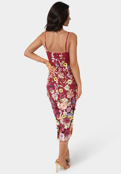 3D Floral Strappy V-Neck Midi Dress