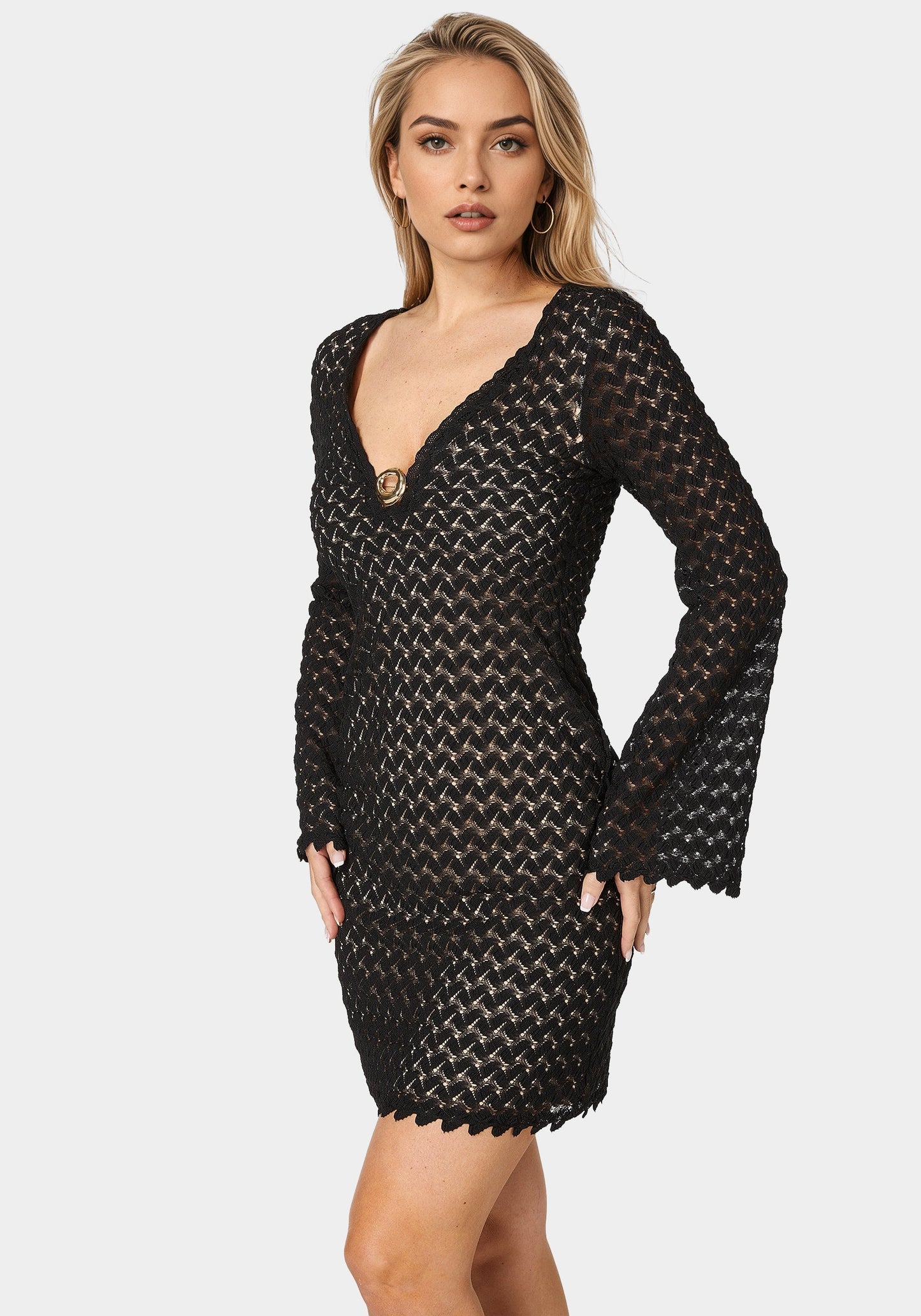 Lace Bell Sleeve Keyhole Mini Dress