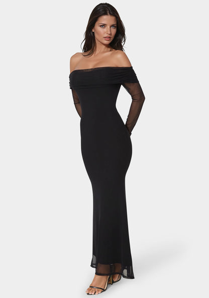 Long Sleeve Off the Shoulder Mesh Maxi Dress