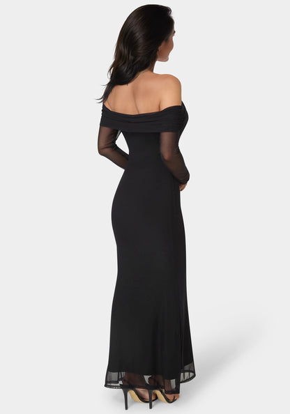 Long Sleeve Off the Shoulder Mesh Maxi Dress