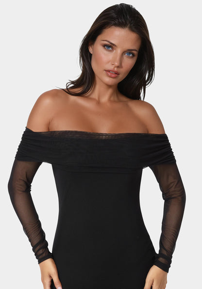 Long Sleeve Off the Shoulder Mesh Maxi Dress