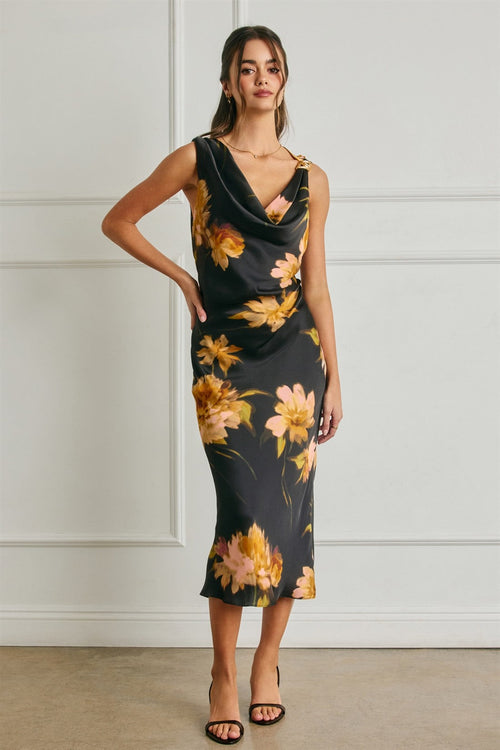 Jovie Sleeveless Floral Print Midi Dress Black