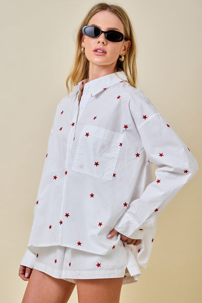Tamsin Long Sleeve Button Down Star Print Top White