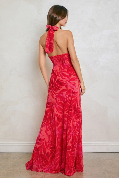 Liana Sleeveless Halter Open Back Floral Print Maxi Dress Red