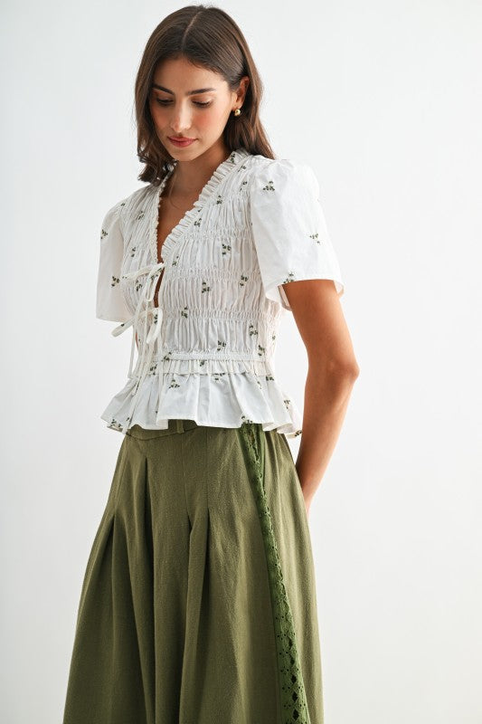 Lane Short Sleeve Front Tie Floral Print Peplum Top White