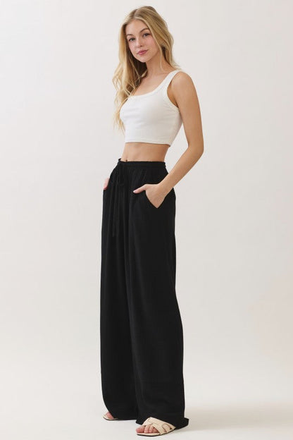 Paris Drawstring Linen Wide Leg Pants Black