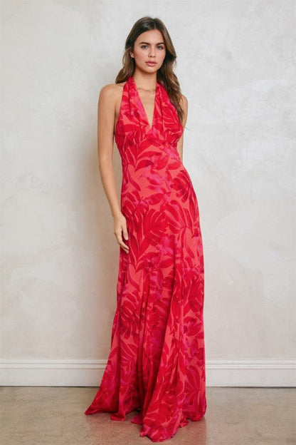 Liana Sleeveless Halter Open Back Floral Print Maxi Dress Red
