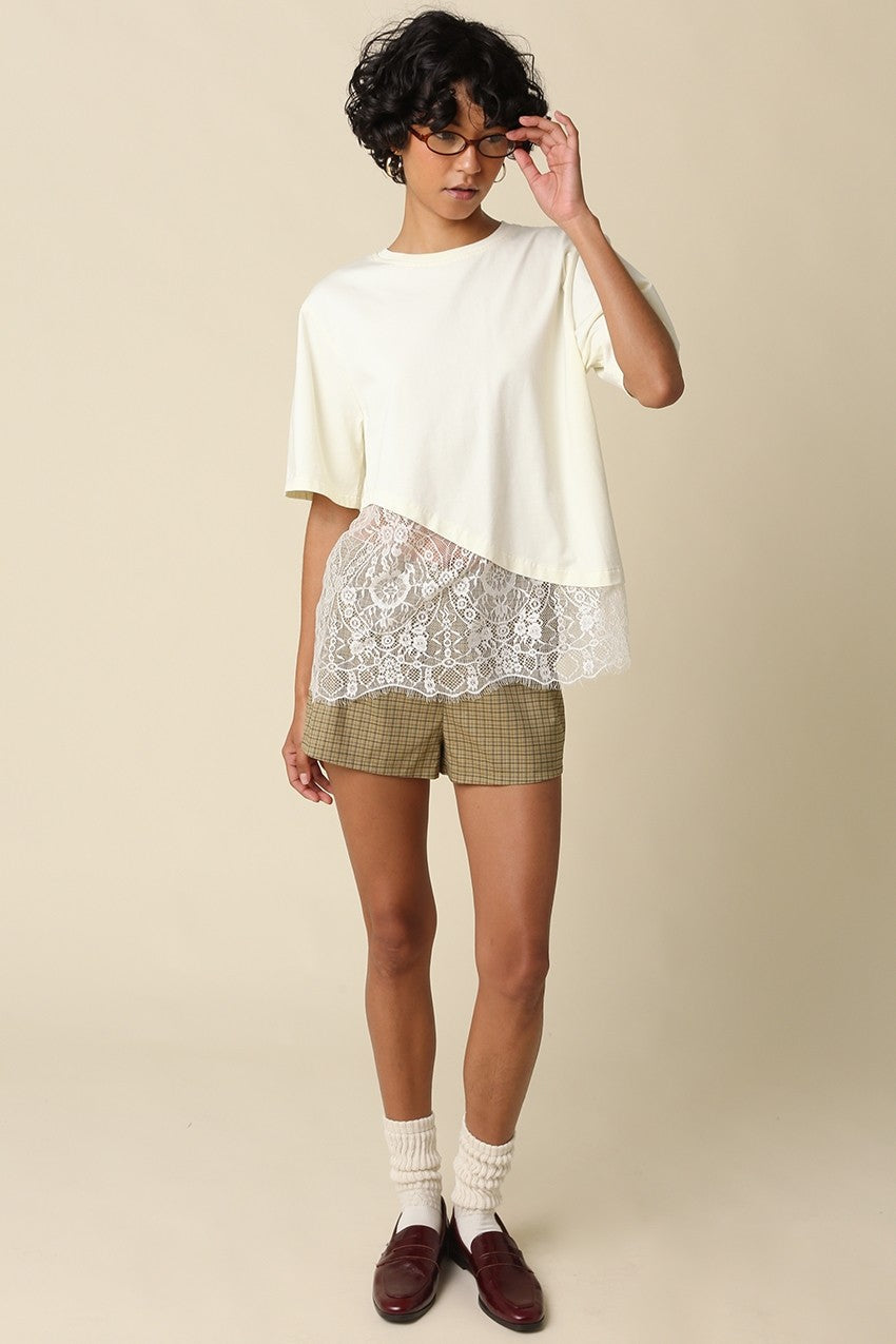 Waitlist 8/5 • Portia Short Sleeve Asymmetrical Lace Top Cream