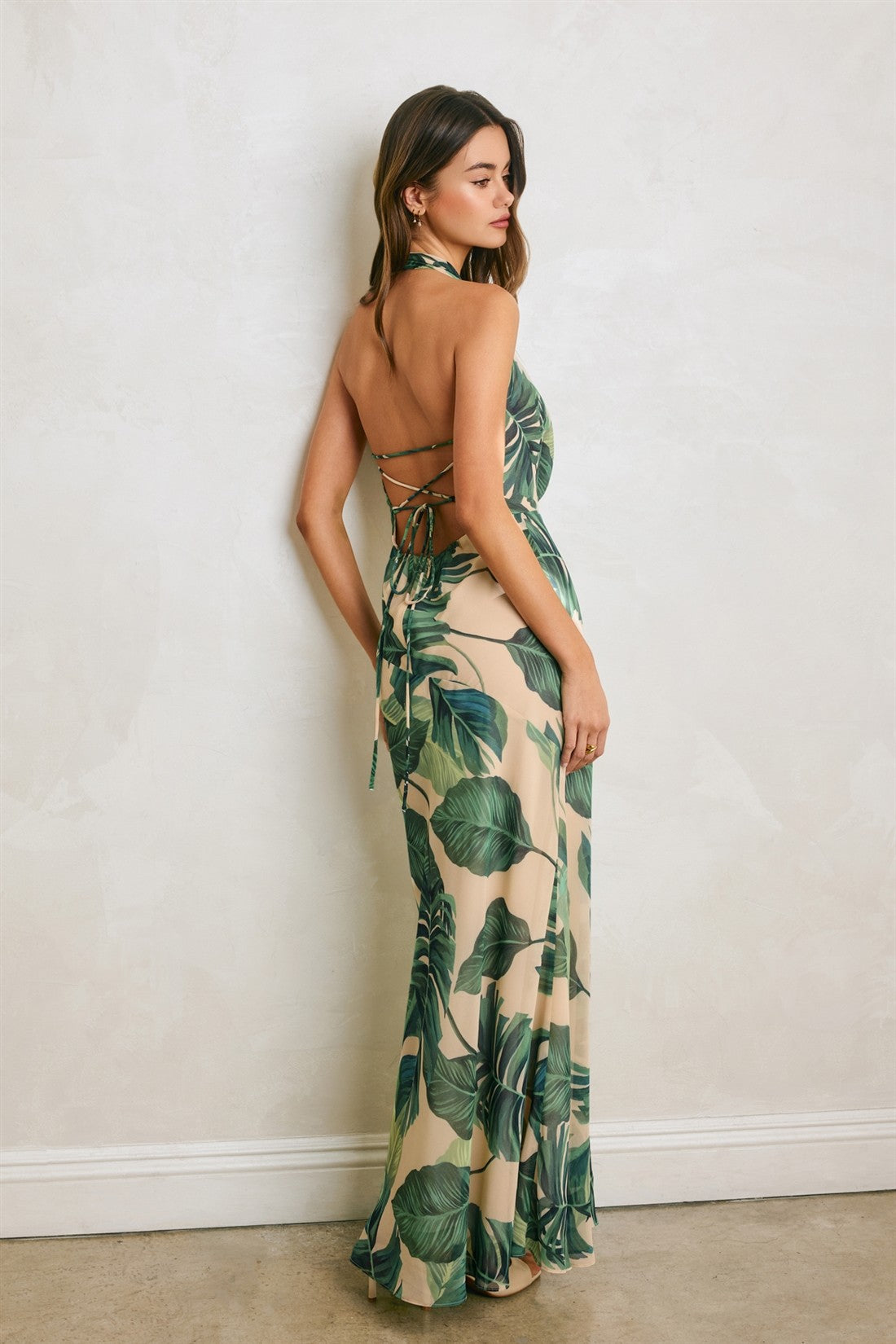 Jules Sleeveless Halter Open Back Tropical Print Maxi Dress Green