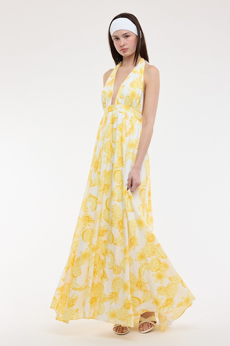 Yvette Sleeveless Halter Open Back Fruit Print Maxi Dress Yellow