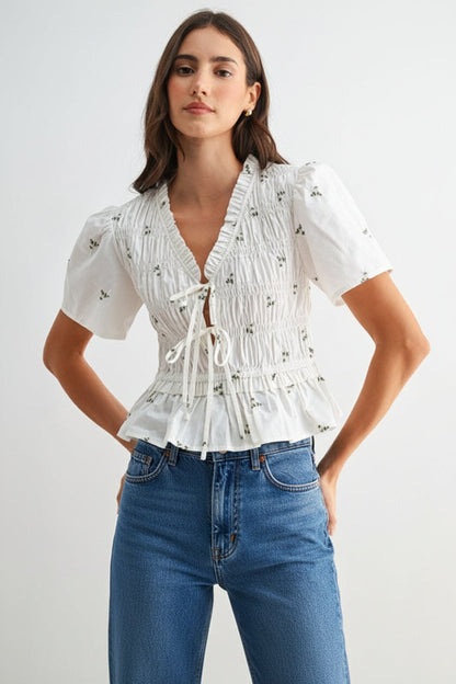 Lane Short Sleeve Front Tie Floral Print Peplum Top White