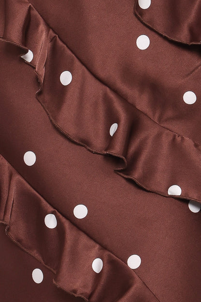 Ciao Ruffles Maxi Satin Dress - Brown Polka Dot