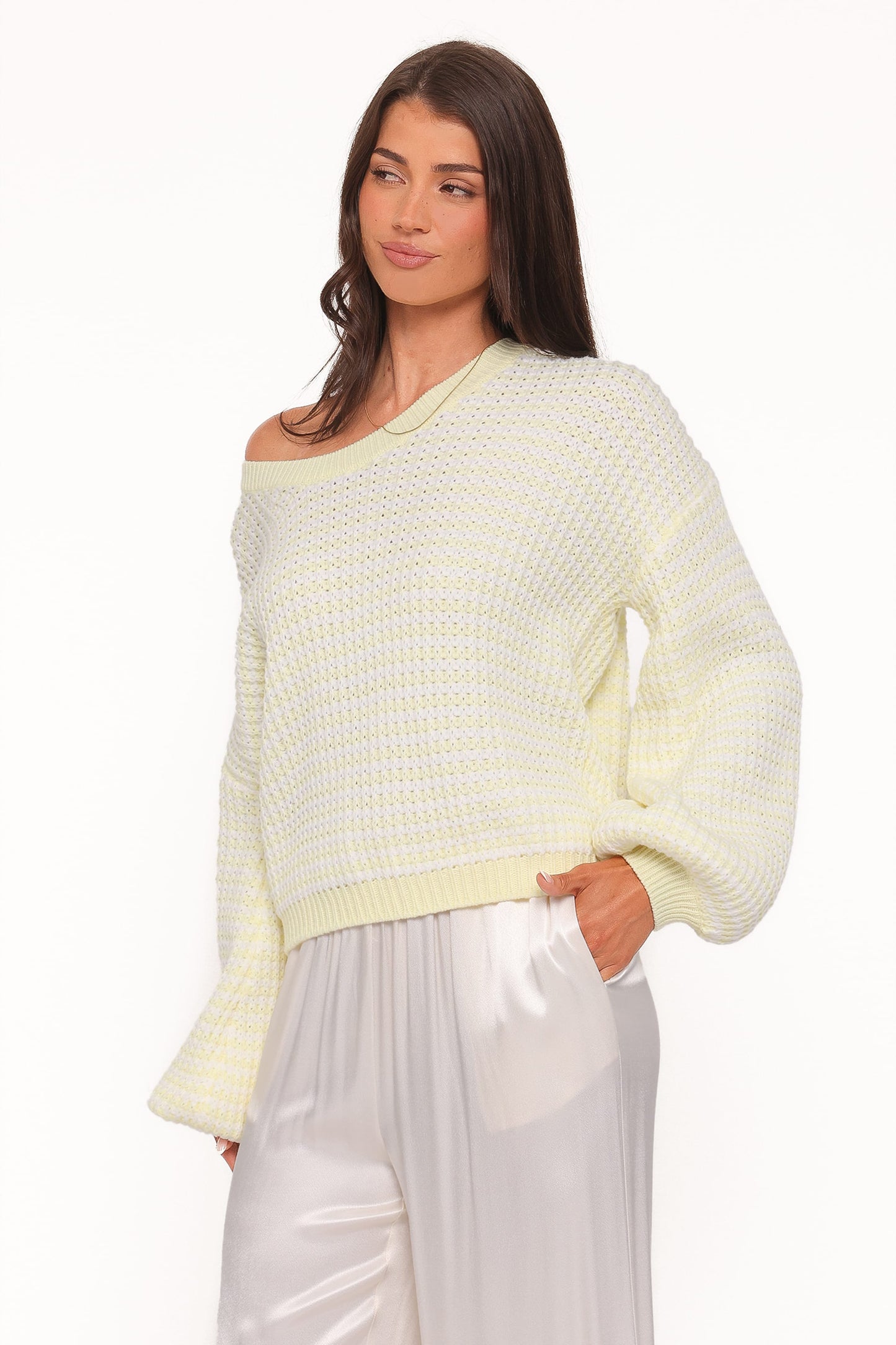 Becca Crewneck Waffle Stitch Stripe Knit Sweater - Butter Yellow