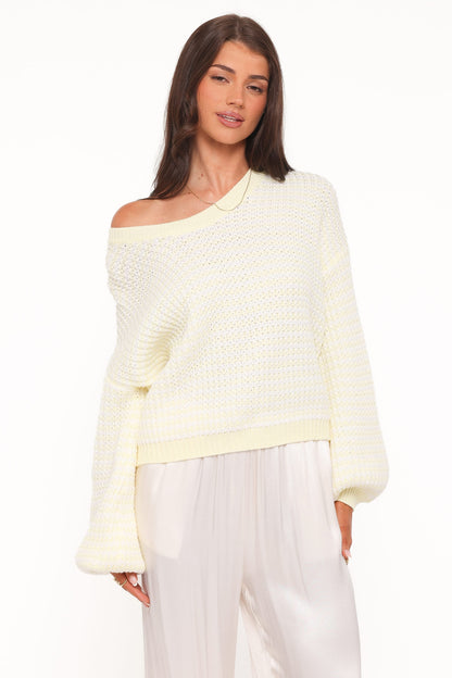 Becca Crewneck Waffle Stitch Stripe Knit Sweater - Butter Yellow