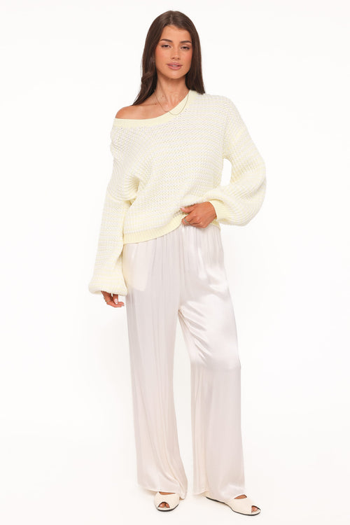 Becca Crewneck Waffle Stitch Stripe Knit Sweater - Butter Yellow