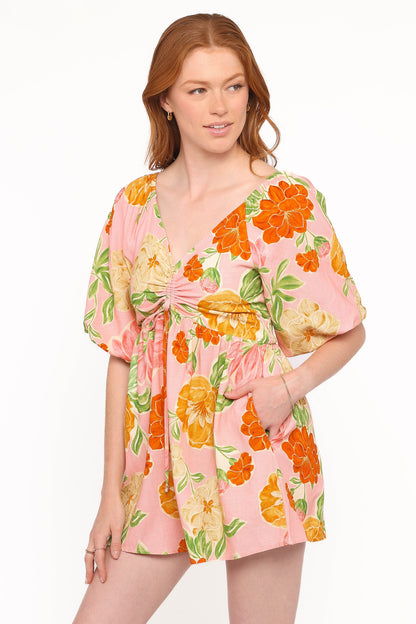 Blaire Puff Sleeve Playsuit - Pink Floral