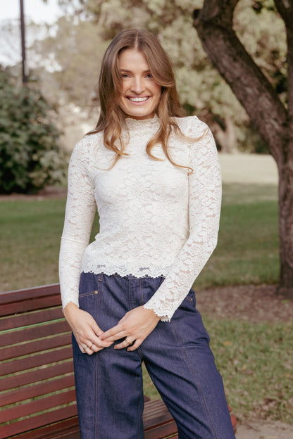 Beatriz Lace High Neck Top - Ivory