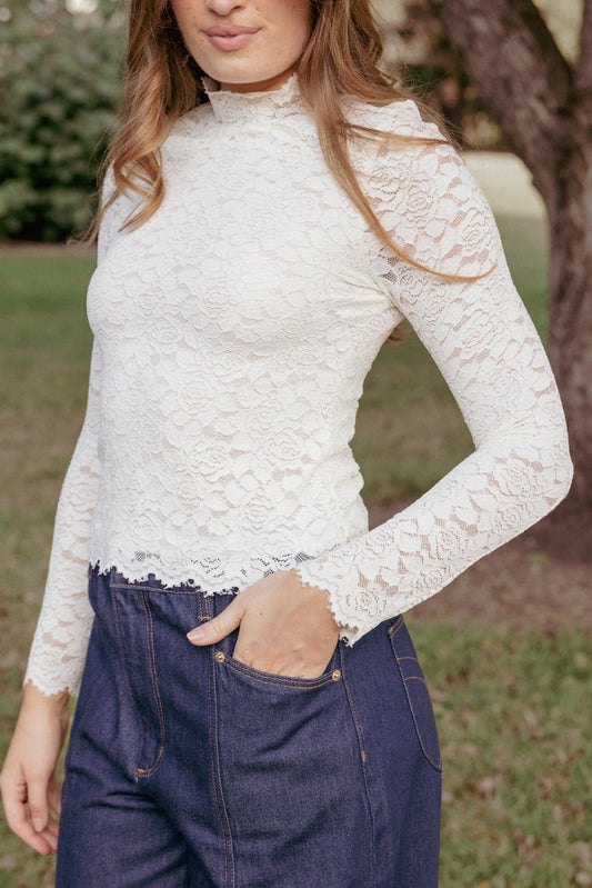 Beatriz Lace High Neck Top - Ivory