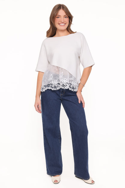 Chase Lace Hem Ribbed Top - Ivory