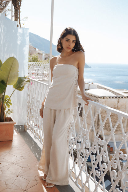 Arles Wide Leg Pants - Beige Lace