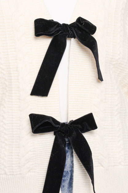 Bree Velvet Bow Cardigan - Cream